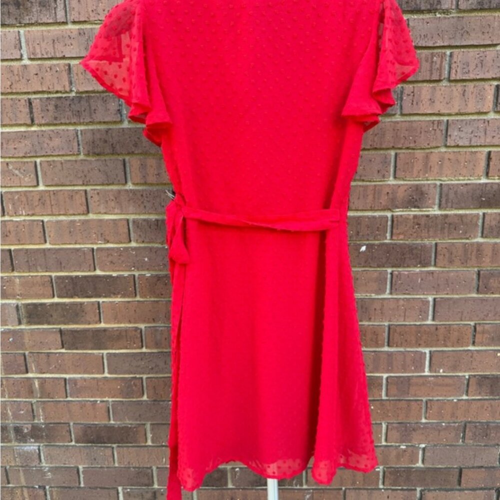 Lulus Much to Celebrate Red Swiss Dot Flutter Sleeve Wrap Mini Dress Size Small - Picture 9 of 11